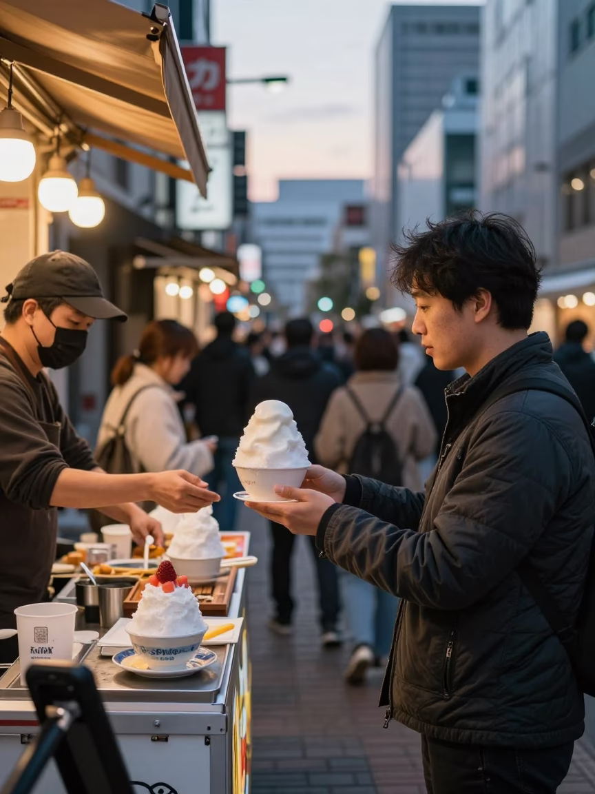Busy Sapporo Evening Street Scene with Shaved Ice and Leaf Shadows in in Sapporo, Japan