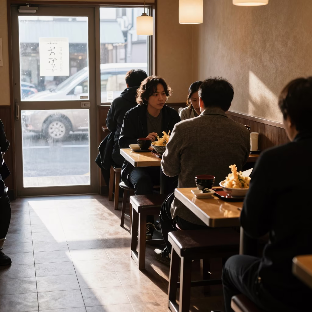 Busy Sapporo Japan Late Morning Udon Bowl with Tempura and Ikebana Alcove in in Sapporo, Japan
