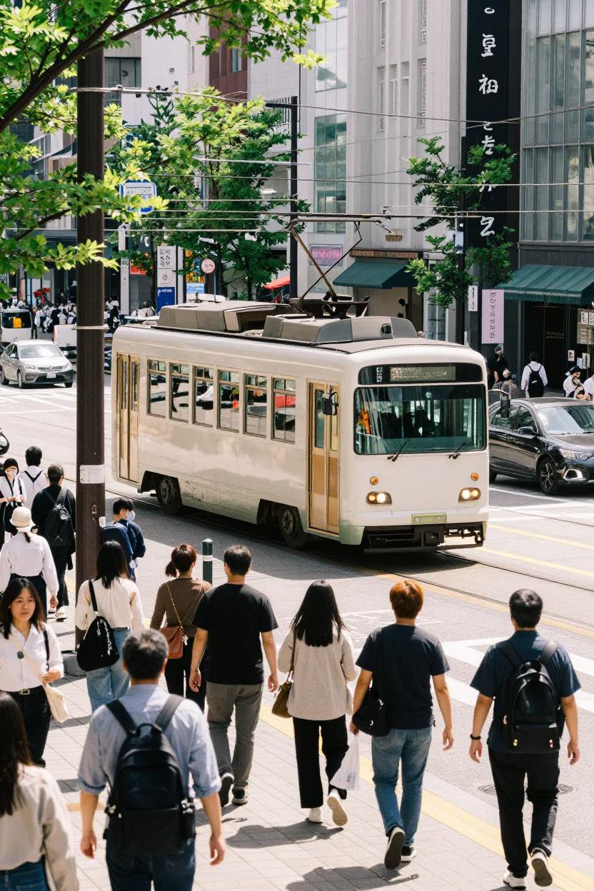 Busy Sapporo Japan Midday Street Scene with Tram and Local Shops in in Sapporo, Japan