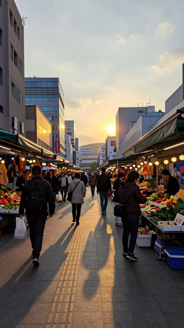 Busy Sapporo Japan Street Scene at Golden Hour with Local Market Activity in in Sapporo, Japan