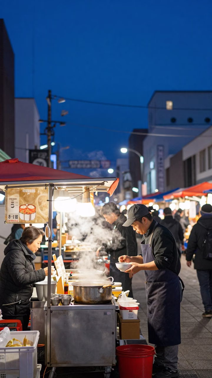 Busy Sapporo Japan Street Scene at Twilight with Local Market Activity in in Sapporo, Japan