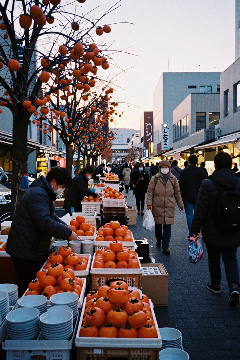 Busy Sapporo Japan street scene before sunrise with persimmons and glass sugar jar in in Sapporo, Japan