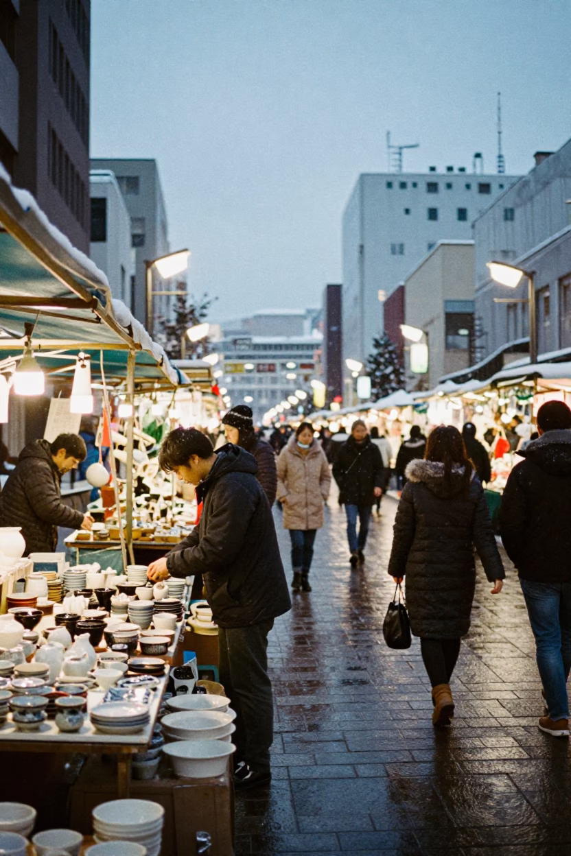 Busy Sapporo Japan Street Scene Early Evening with Pottery Market Stacked Wares in in Sapporo, Japan