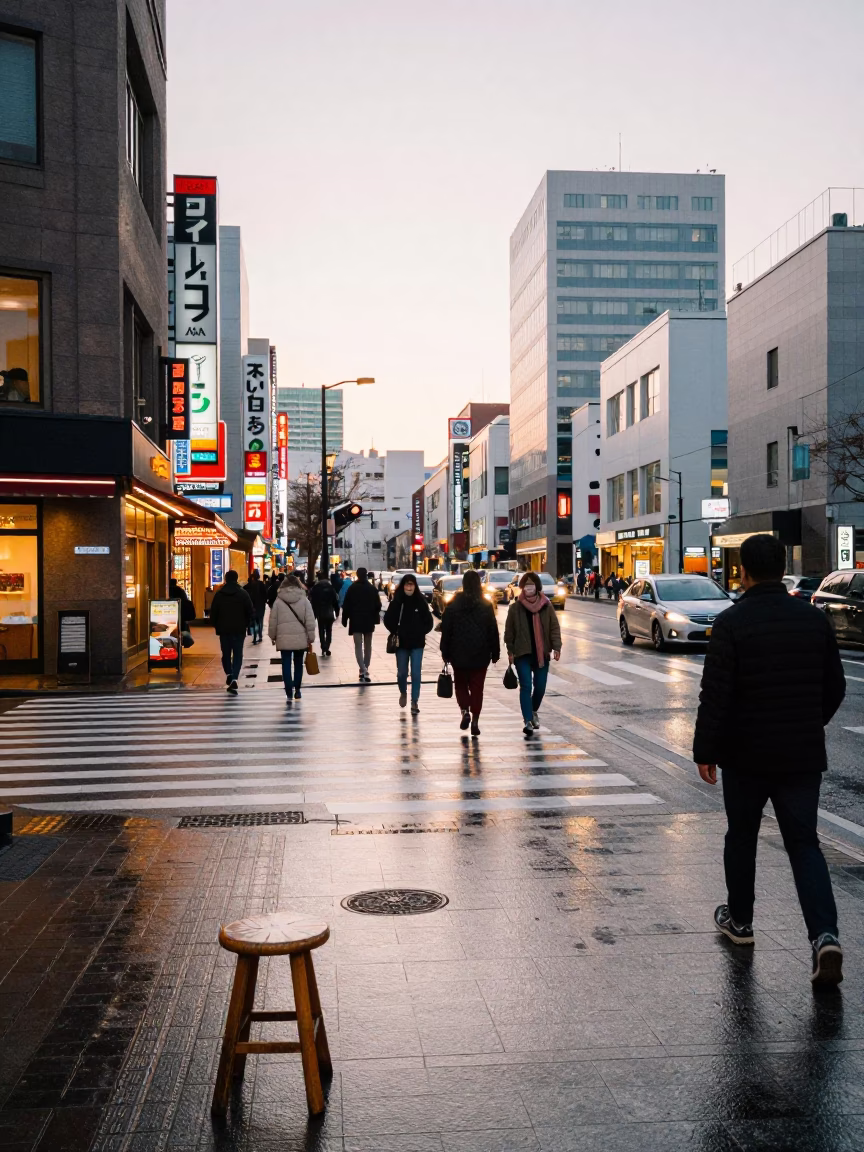 Busy Sapporo Japan Street Scene Just After Sunrise with Wooden Stool and Local Life in in Sapporo, Japan
