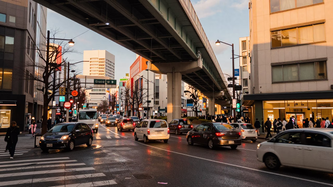 Busy Sapporo Japan Street Scene with Overpass and Evening Light in in Sapporo, Japan