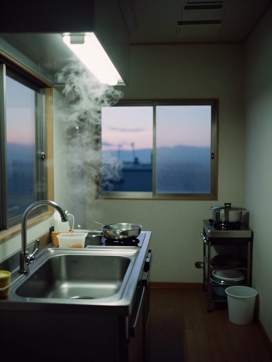 Busy Sapporo Kitchen Interior Before Dawn with Steam and Domestic Clutter in in Sapporo, Japan