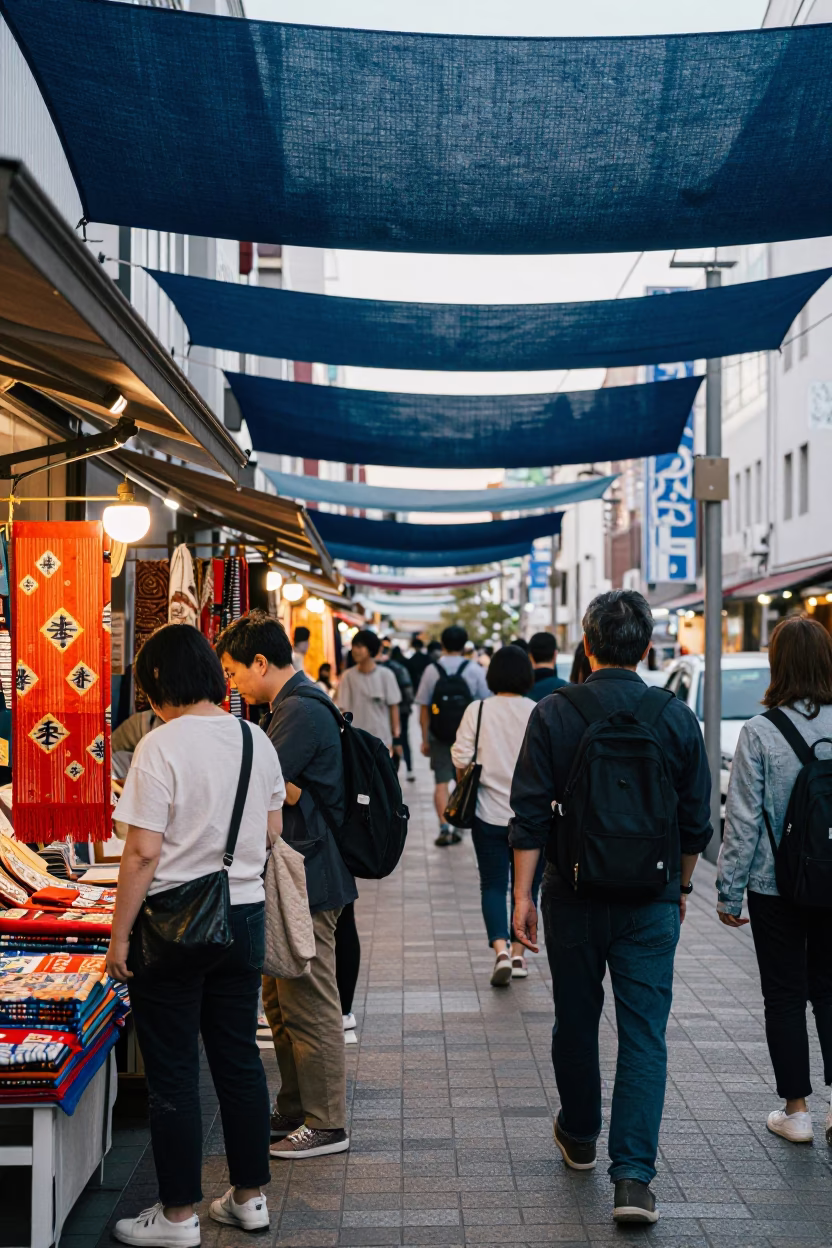Busy Sapporo Late Afternoon Street Scene with Indigo Fabric and Local Market Activity in in Sapporo, Japan