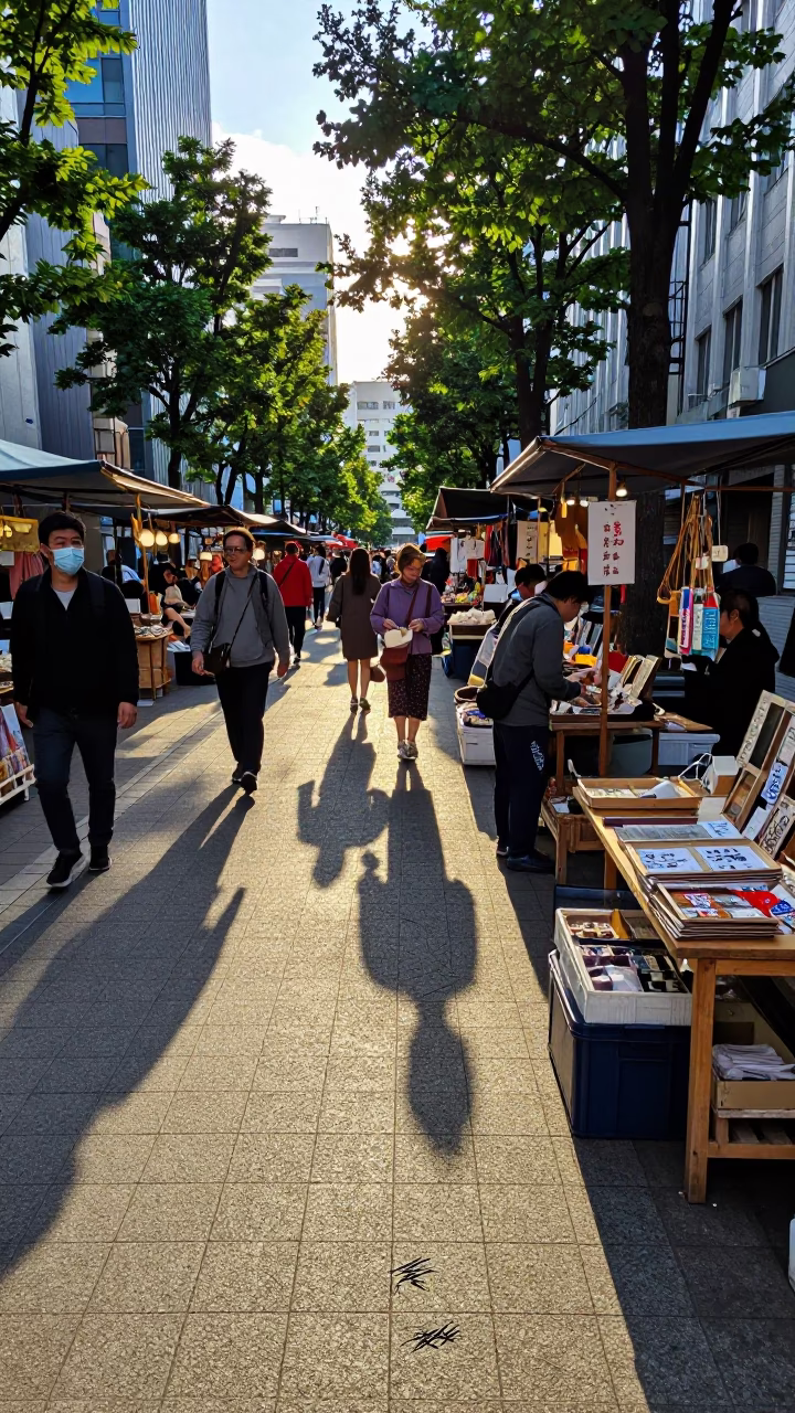 Busy Sapporo Late Afternoon Street Scene with Wicker Shadow and Porcelain Jar in in Sapporo, Japan