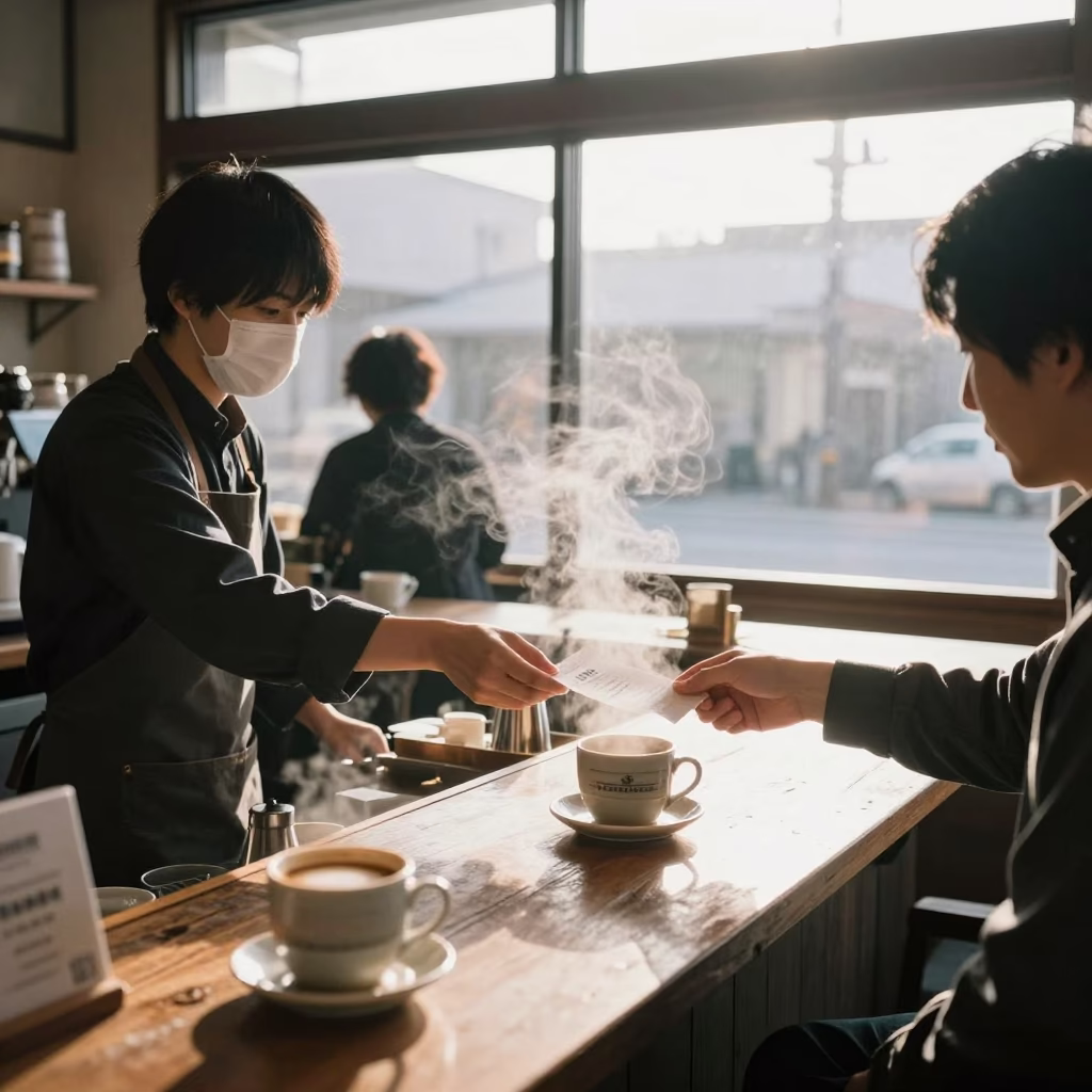 Busy Sapporo Morning Coffee Shop Scene with Steam and Local Interaction Just After Sunrise in in Sapporo, Japan