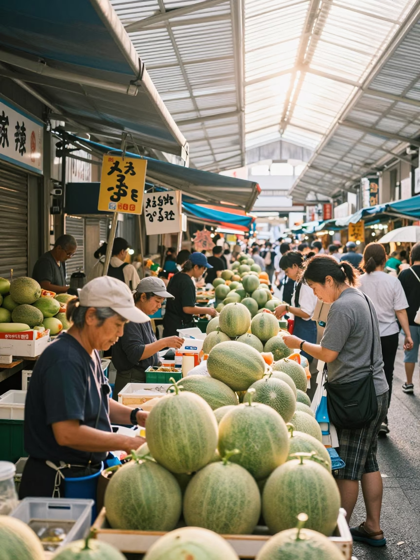 Busy Sapporo Morning Market Scene with Fresh Melons and Lemongrass at Sunrise in in Sapporo, Japan