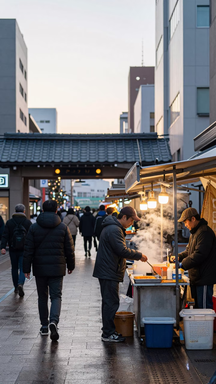 Busy Sapporo Morning Street Scene with Local Vendors and Pedestrians After Sunrise in in Sapporo, Japan
