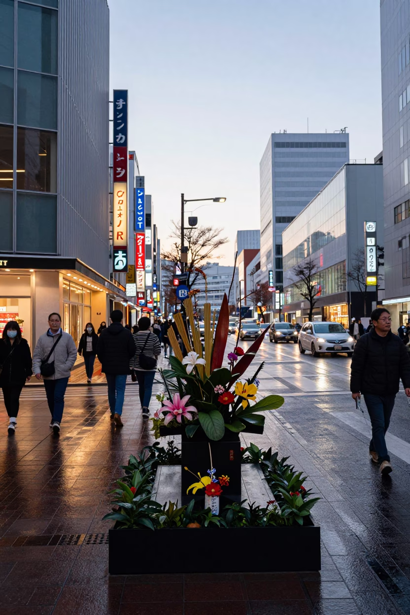 Busy Sapporo Morning Street Scene with Traditional Ikebana Display in Shop Window in in Sapporo, Japan