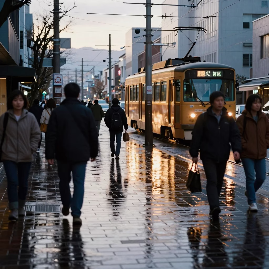 Busy Sapporo Morning Street Scene with Tram Reflection and Local Activity in in Sapporo, Japan