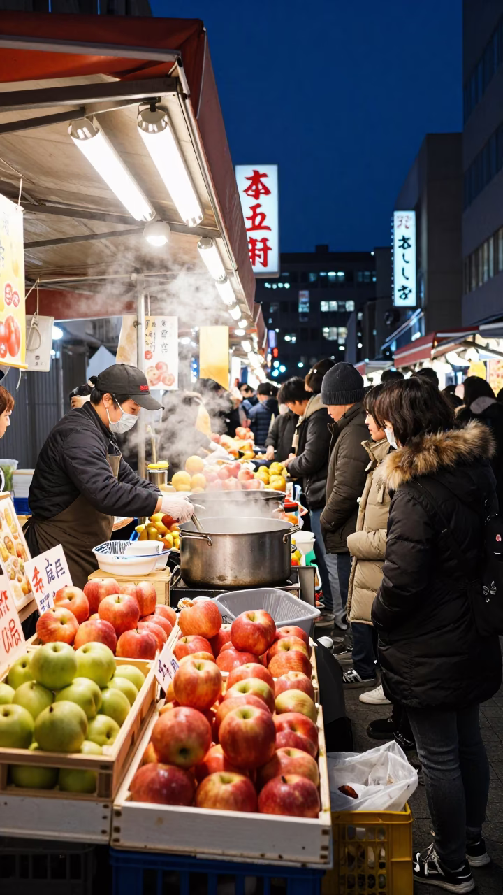 Busy Sapporo Night Market Stall with Fruit Crates and Lanterns at Midnight in in Sapporo, Japan