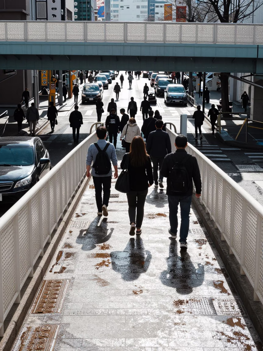 Busy Sapporo Pedestrian Overpass Under Noon Glare With Wet Footsteps And Perforated Metal in in Sapporo, Japan