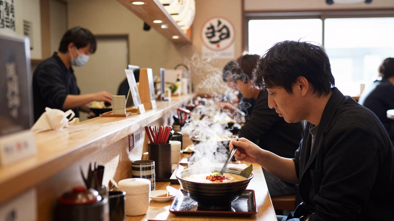Busy Sapporo Ramen Shop Interior Midmorning Light with Bowl of Tantanmen and Dipping Sauce in in Sapporo, Japan