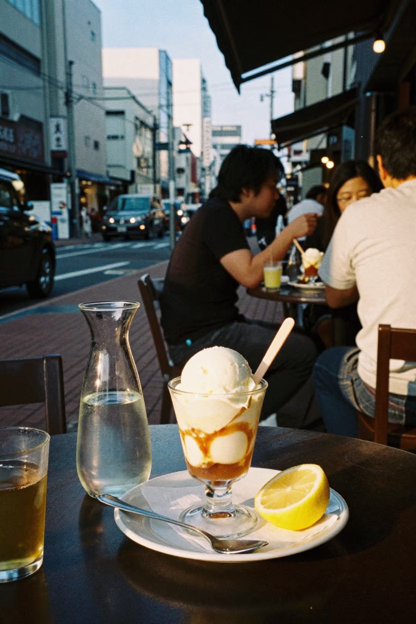 Busy Sapporo Street Cafe Evening with Affogato and Lemon Garnish in in Sapporo, Japan