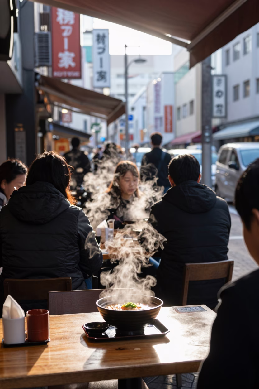 Busy Sapporo Street Cafe Scene with Steam and Local Dining in Early Afternoon in in Sapporo, Japan