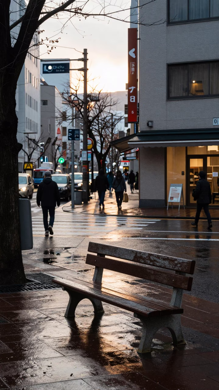 Busy Sapporo Street Corner After Rain with Park Bench and Urban Details in in Sapporo, Japan
