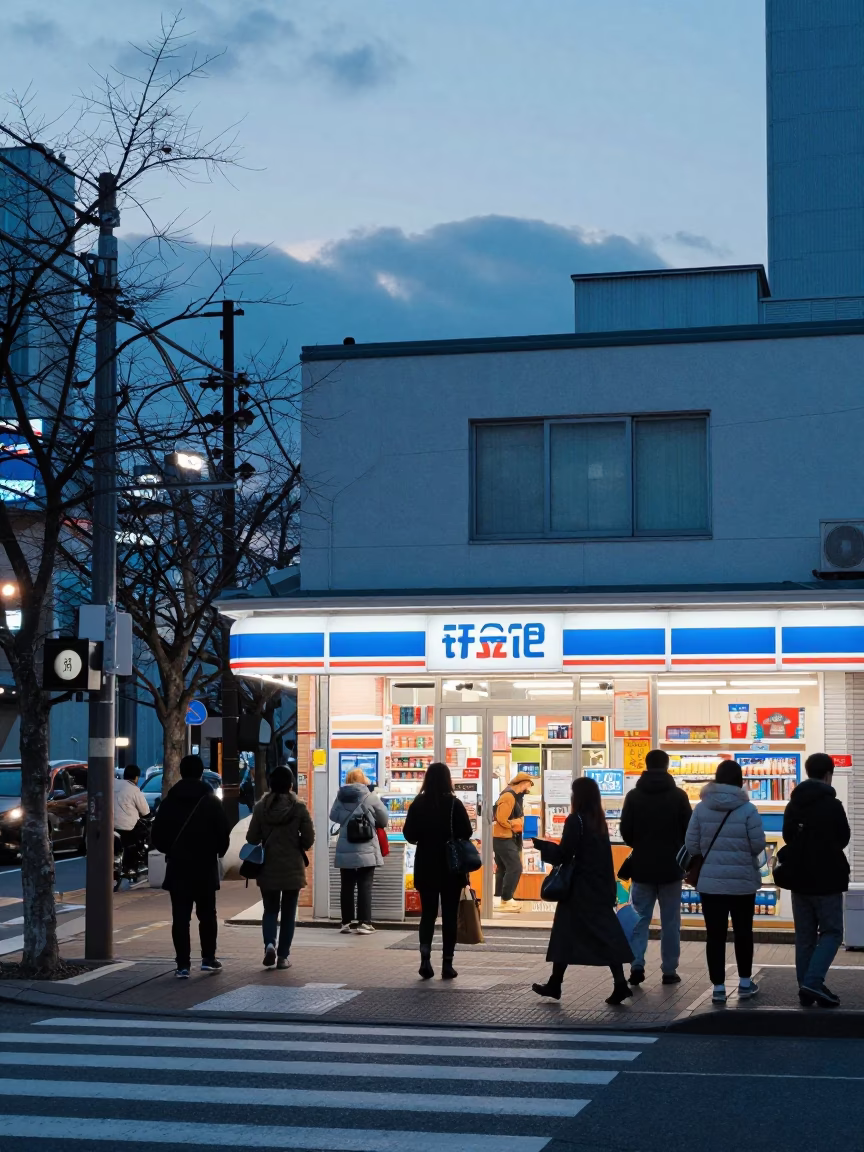 Busy Sapporo Street Corner at Dawn with Morning Commuters and Local Shop Display in in Sapporo, Japan