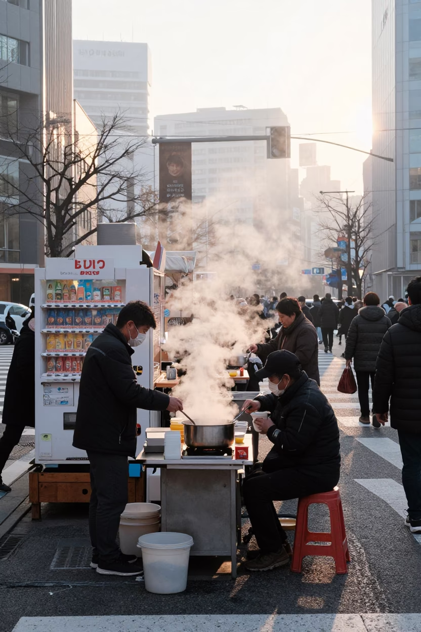 Busy Sapporo Street Corner at First Light with Vending Machines and Commuters in in Sapporo, Japan