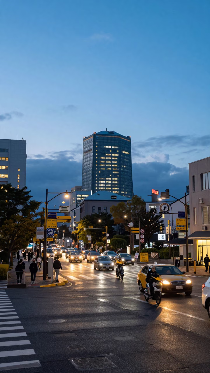 Busy Sapporo Street Corner at Nautical Dawn with Yellow Taxi and Commuters in in Sapporo, Japan