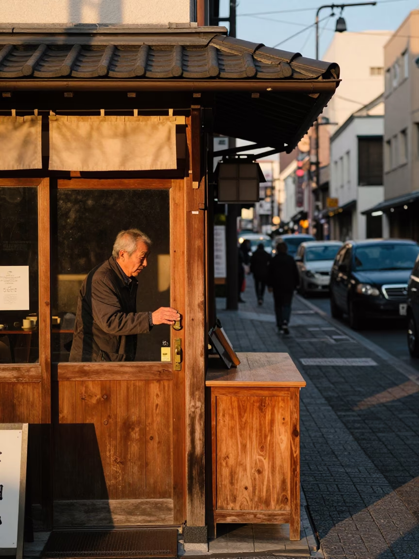 Busy Sapporo Street Corner at Sunset with Traditional Latch and Urban Details in in Sapporo, Japan