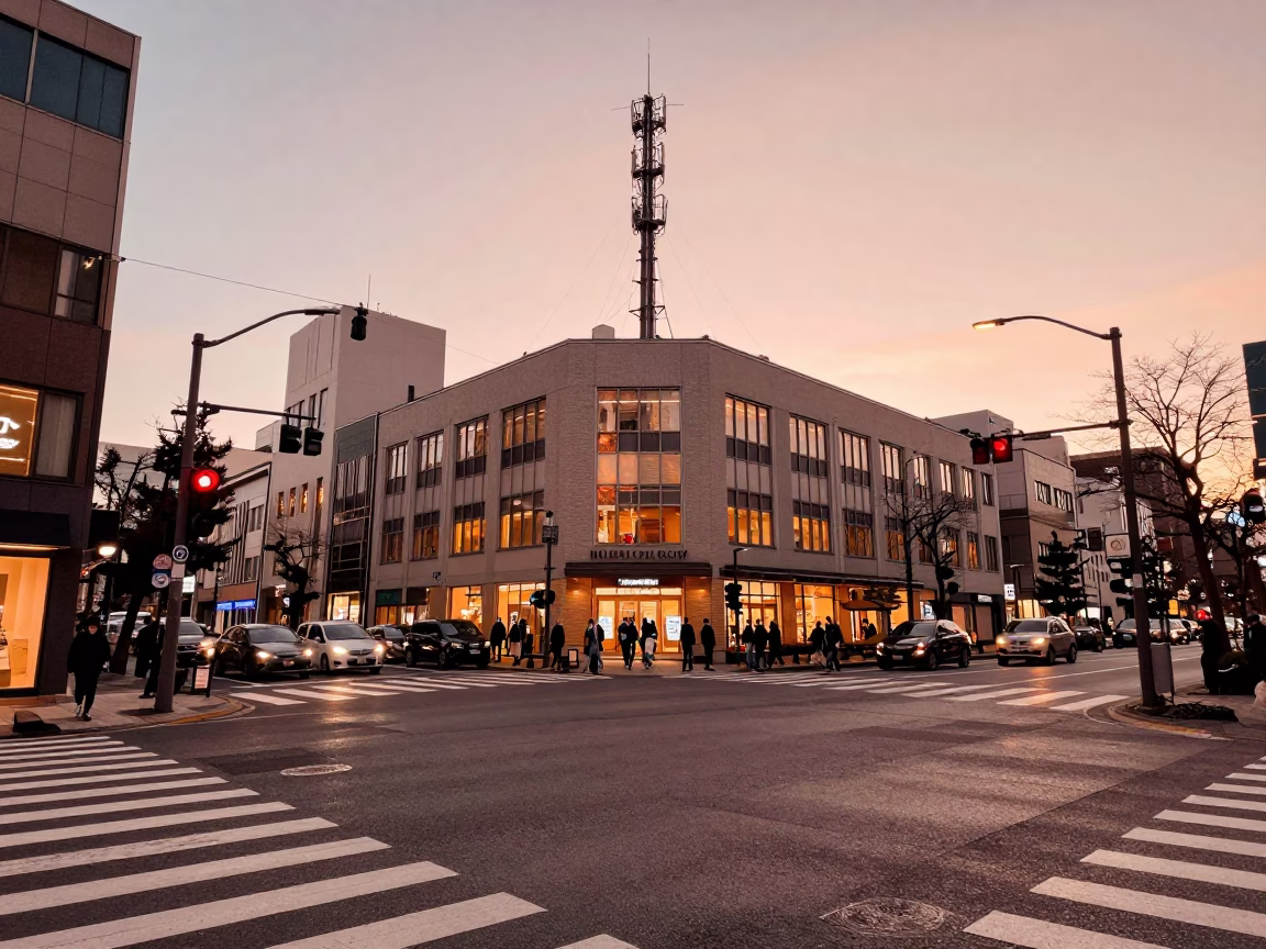 Busy Sapporo Street Corner Before Dusk with Red Beacon and Urban Details in in Sapporo, Japan