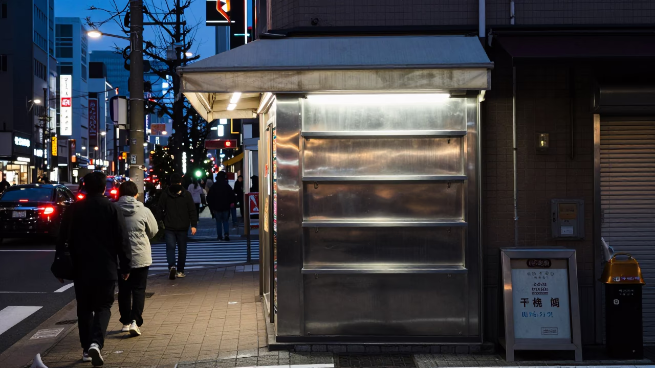 Busy Sapporo Street Corner Evening Scene with Brushed Steel Shelf and Local Activity in in Sapporo, Japan