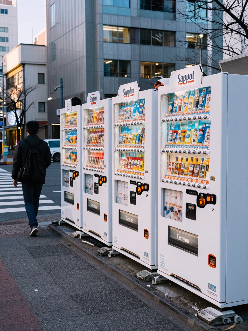Busy Sapporo Street Corner Late Morning with Vending Machines and Pedestrians in Japan in in Sapporo, Japan