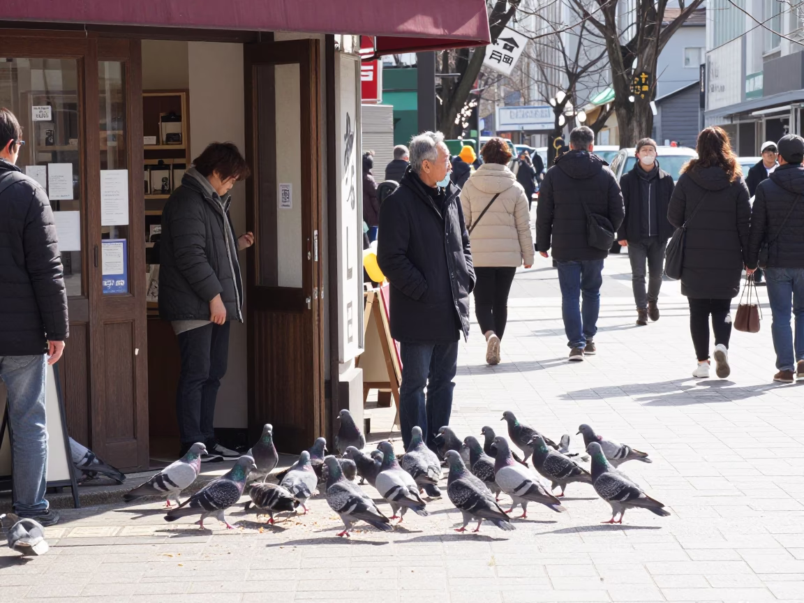 Busy Sapporo Street Corner Morning with Pigeons and Local Shop Details in in Sapporo, Japan