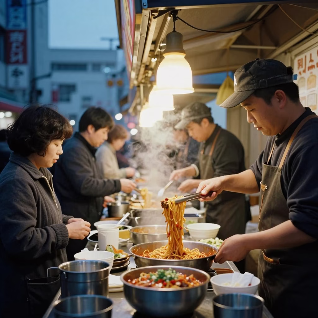 Busy Sapporo Street Food Stall at Blue Hour with Bibim Guksu and Kitchen Tongs in in Sapporo, Japan