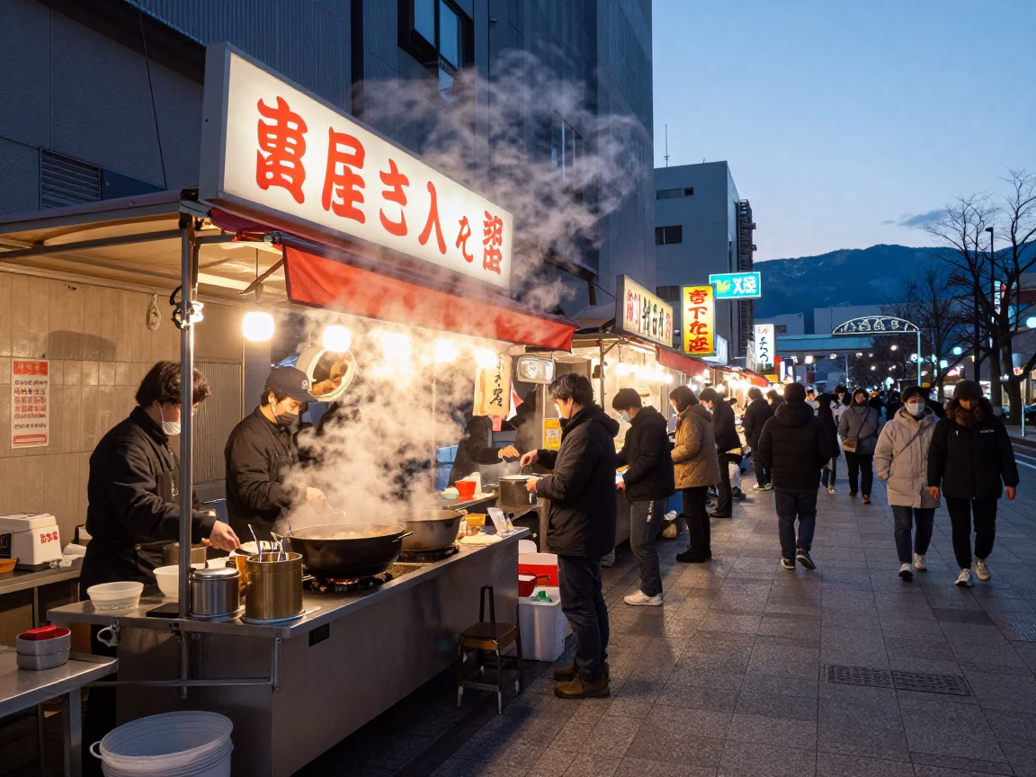 Busy Sapporo Street Food Stall Before Dawn with Steam and Neon Lights in in Sapporo, Japan