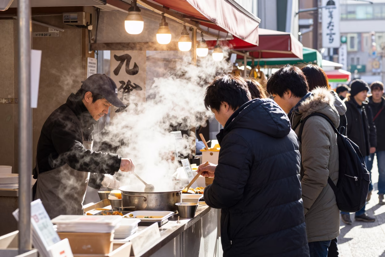 Busy Sapporo Street Food Stall with Steam and Local Diners at Midday in in Sapporo, Japan