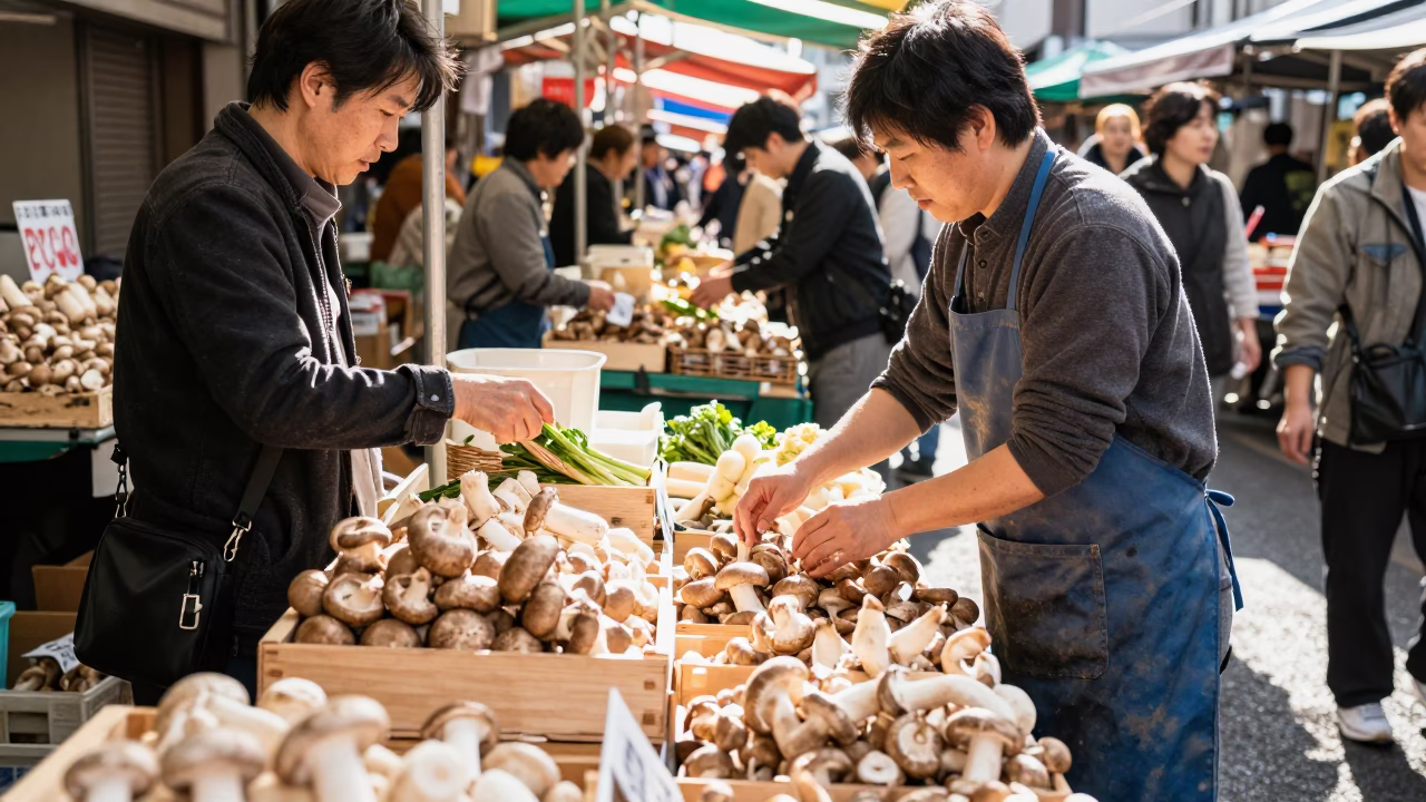 Busy Sapporo Street Market Midday Scene with Fresh Mushrooms and Local Shoppers in in Sapporo, Japan