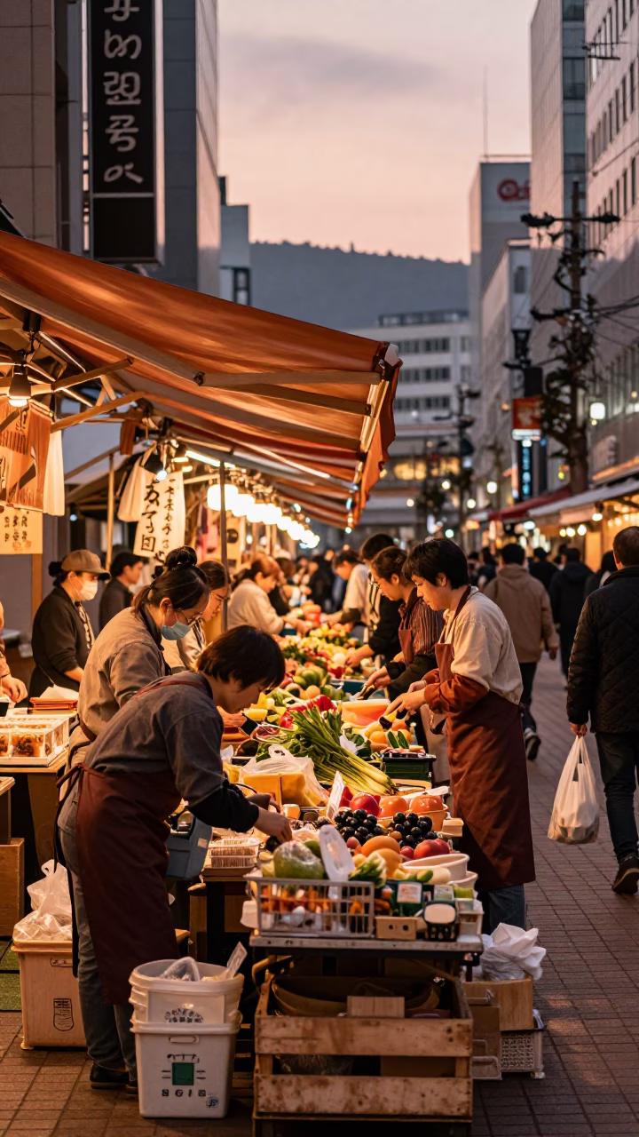 Busy Sapporo Street Market Scene in Copper-Toned Light Before Dusk in in Sapporo, Japan