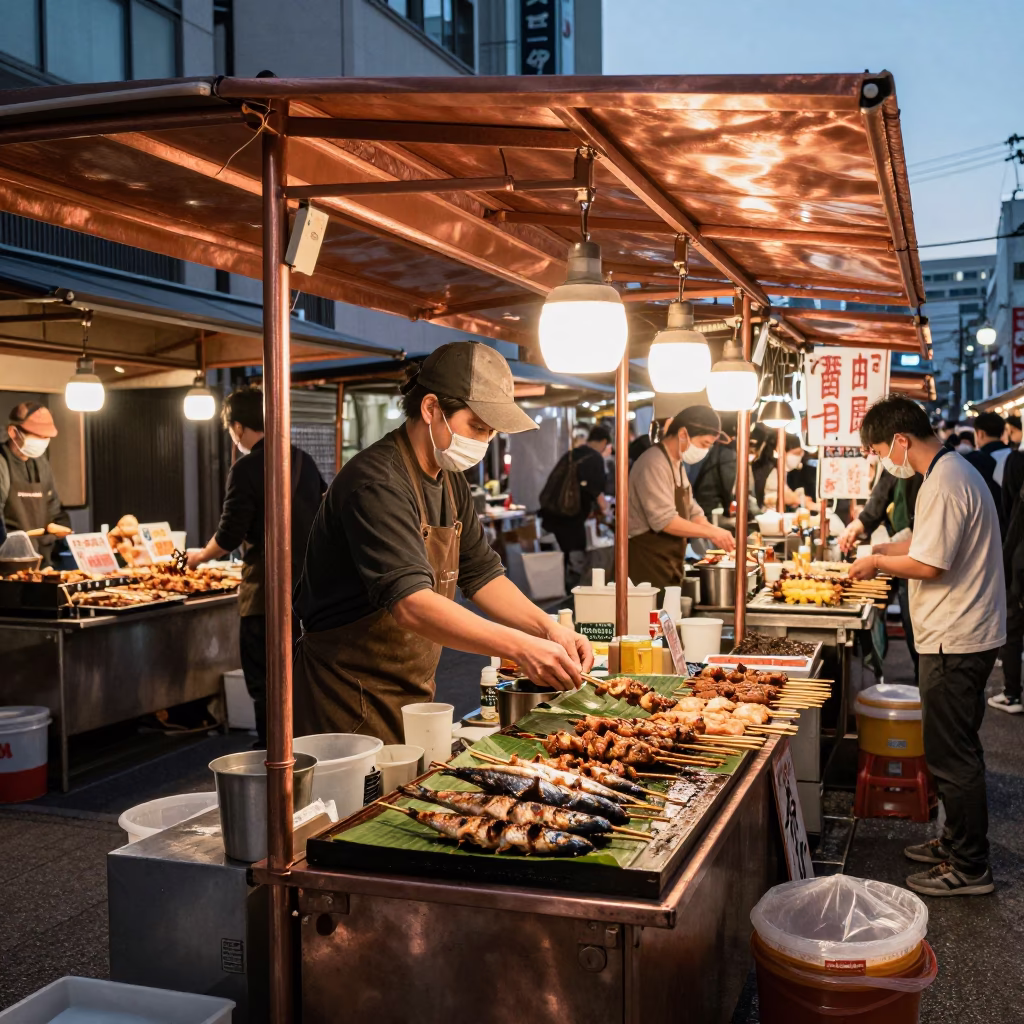 Busy Sapporo Street Market Stall in Copper Toned Light Before Dusk in in Sapporo, Japan