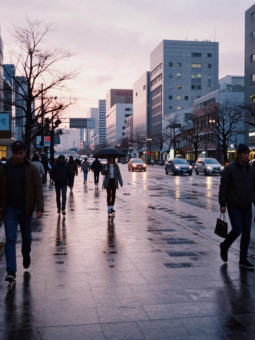 Busy Sapporo Street Morning with Skaters and City Life in in Sapporo, Japan