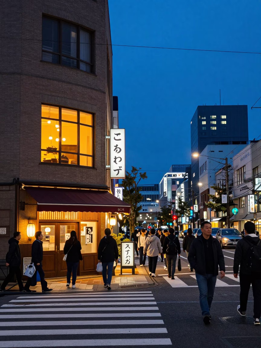 Busy Sapporo Street Scene at Blue Hour with Warm Shop Lighting and Snow in in Sapporo, Japan