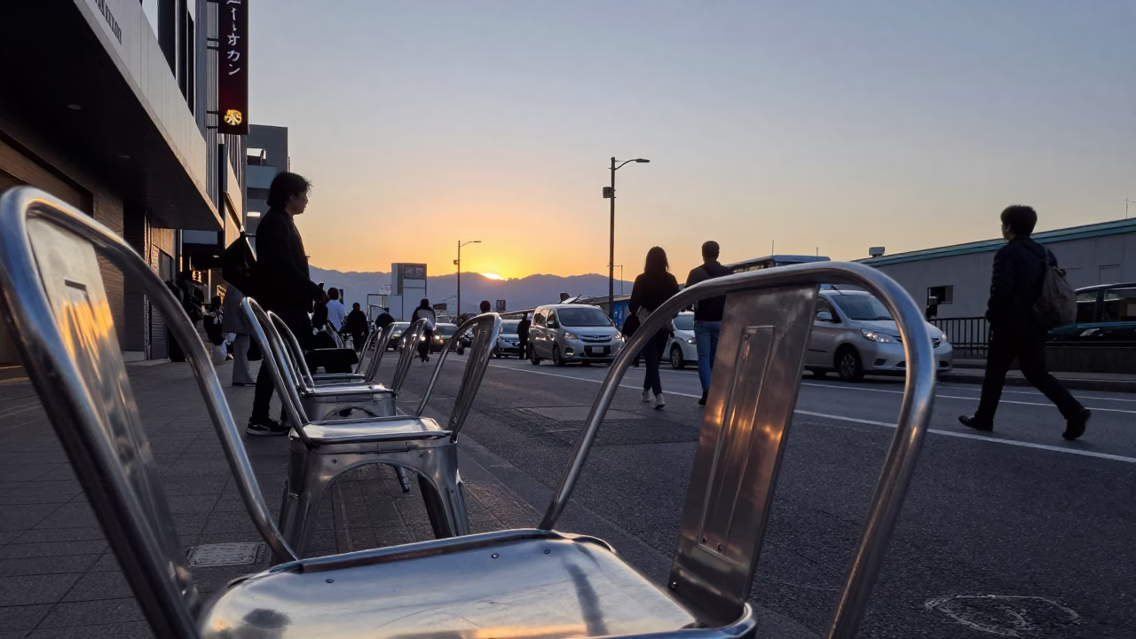 Busy Sapporo Street Scene at Dusk with Brushed Steel Chair and Alarm Clock in in Sapporo, Japan