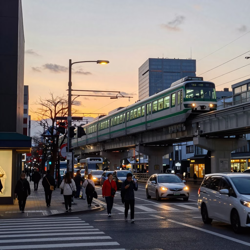 Busy Sapporo Street Scene at Dusk with Monorail and Local Shop Details in in Sapporo, Japan