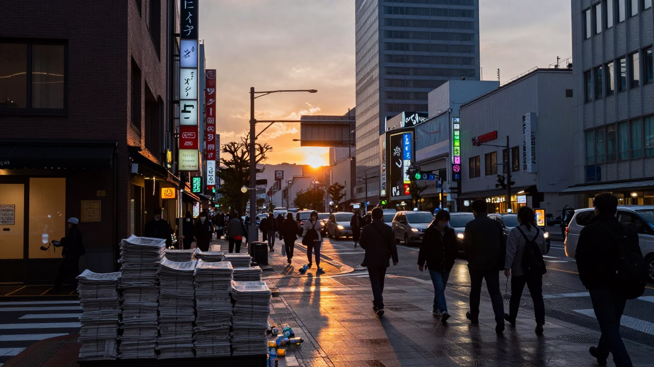 Busy Sapporo Street Scene at Dusk with Newspaper Stacks and Bottles in in Sapporo, Japan