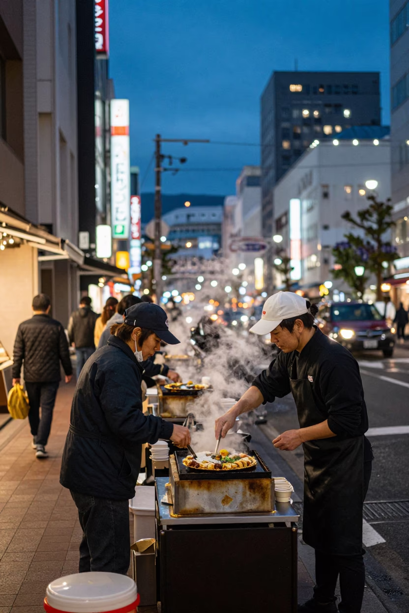 Busy Sapporo Street Scene at Dusk with Okonomiyaki and Urban Glow in in Sapporo, Japan