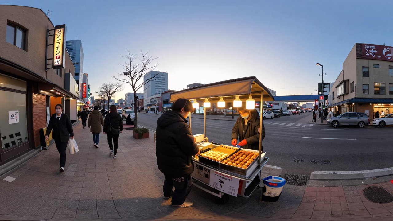 Busy Sapporo Street Scene at Dusk with Traditional Food and Local Commerce in in Sapporo, Japan
