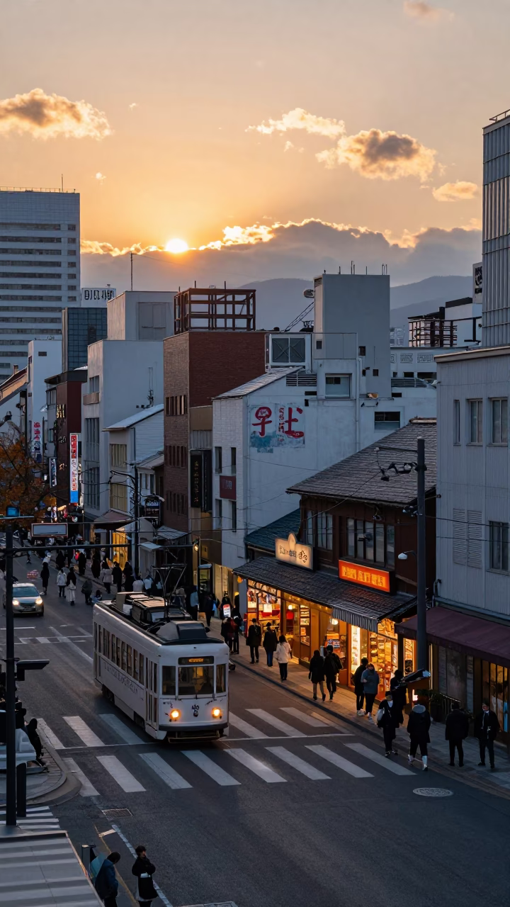 Busy Sapporo Street Scene at Dusk with Traditional Shop Signage and Evening Pedestrians in in Sapporo, Japan
