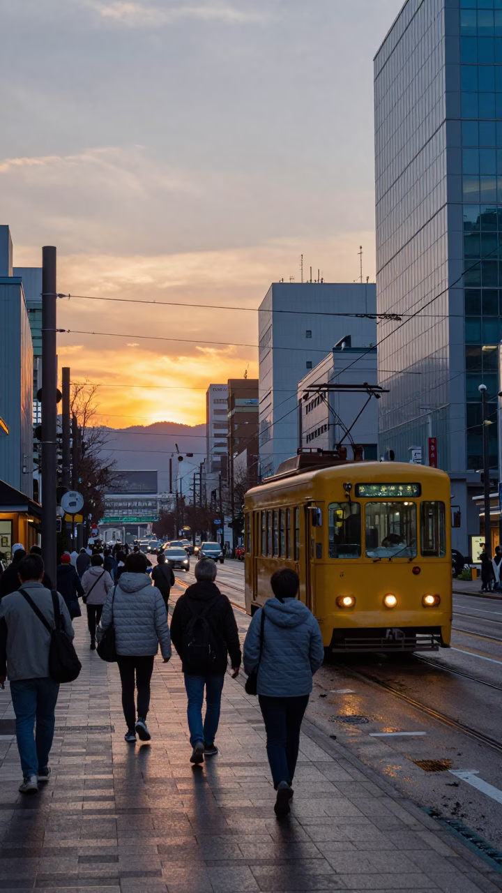 Busy Sapporo Street Scene at Dusk with Tram and City Lights in in Sapporo, Japan