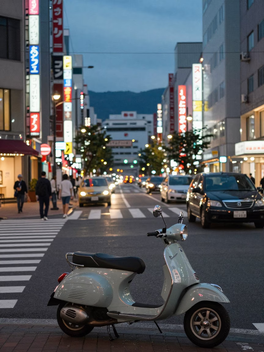 Busy Sapporo Street Scene at Dusk with Vintage Vespa and City Lights in in Sapporo, Japan