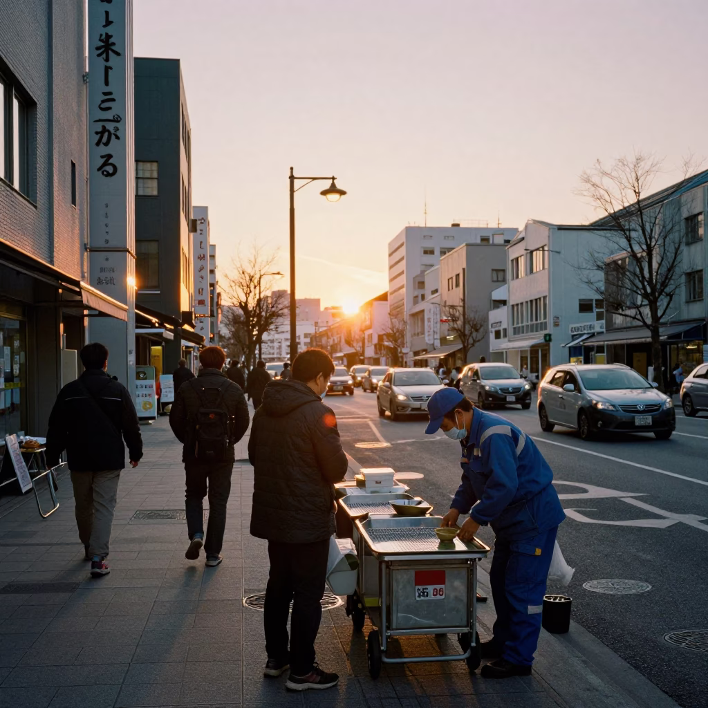 Busy Sapporo Street Scene at Dusk with Workers and Local Details in in Sapporo, Japan