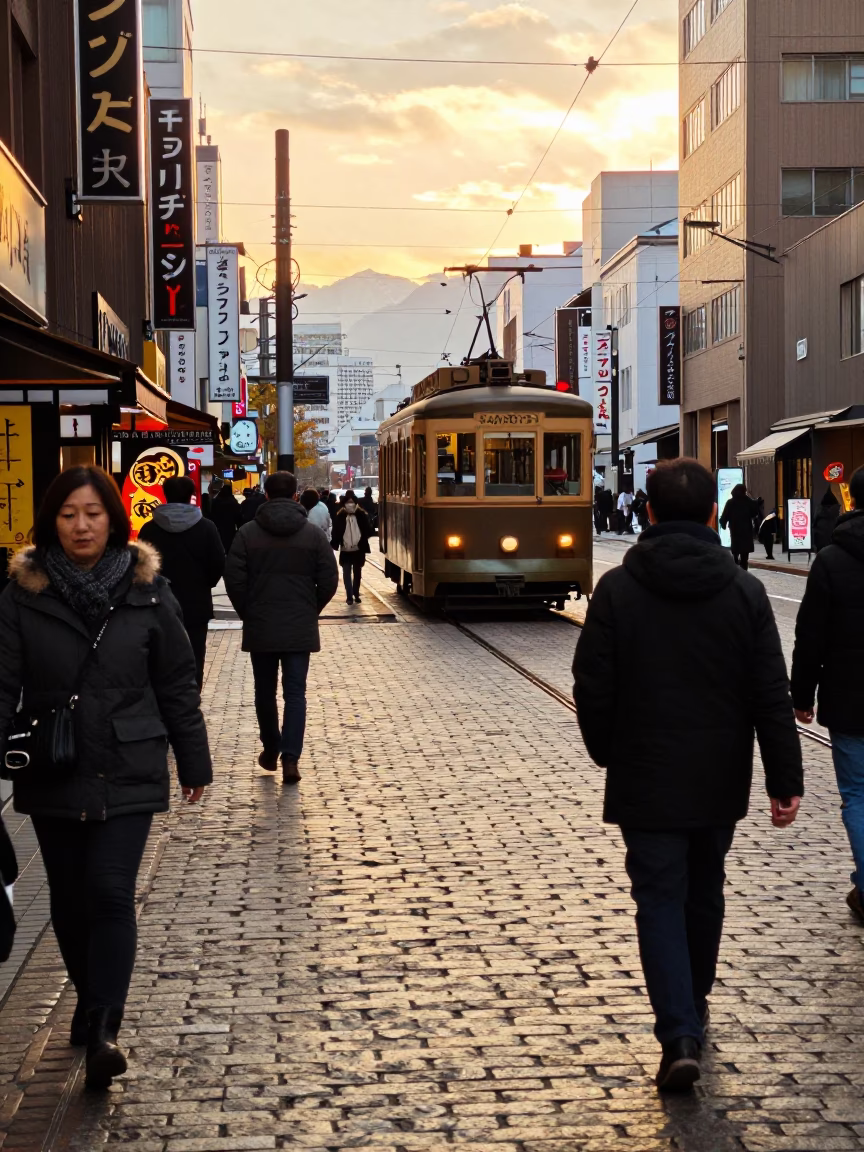 Busy Sapporo Street Scene at Golden Hour with Heritage Tram and Cobblestone Avenue in in Sapporo, Japan
