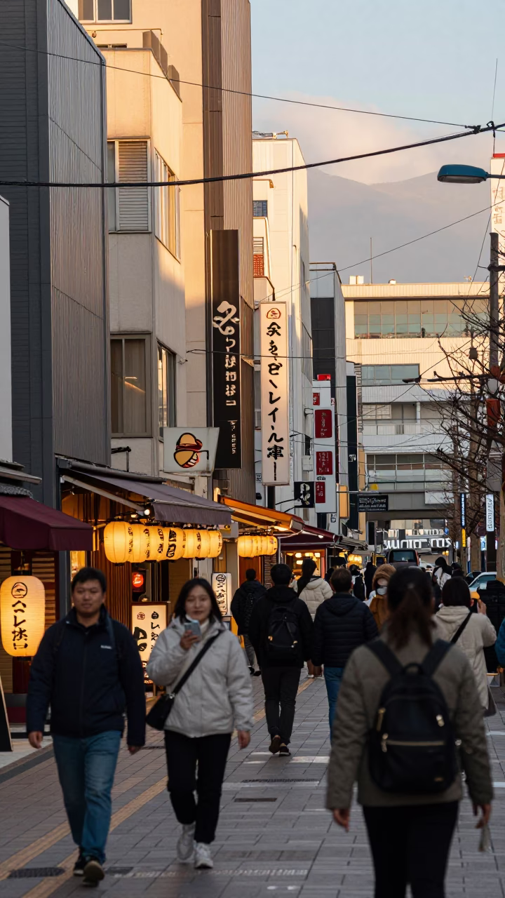 Busy Sapporo Street Scene at Golden Hour with Local Shops and Pedestrians in in Sapporo, Japan